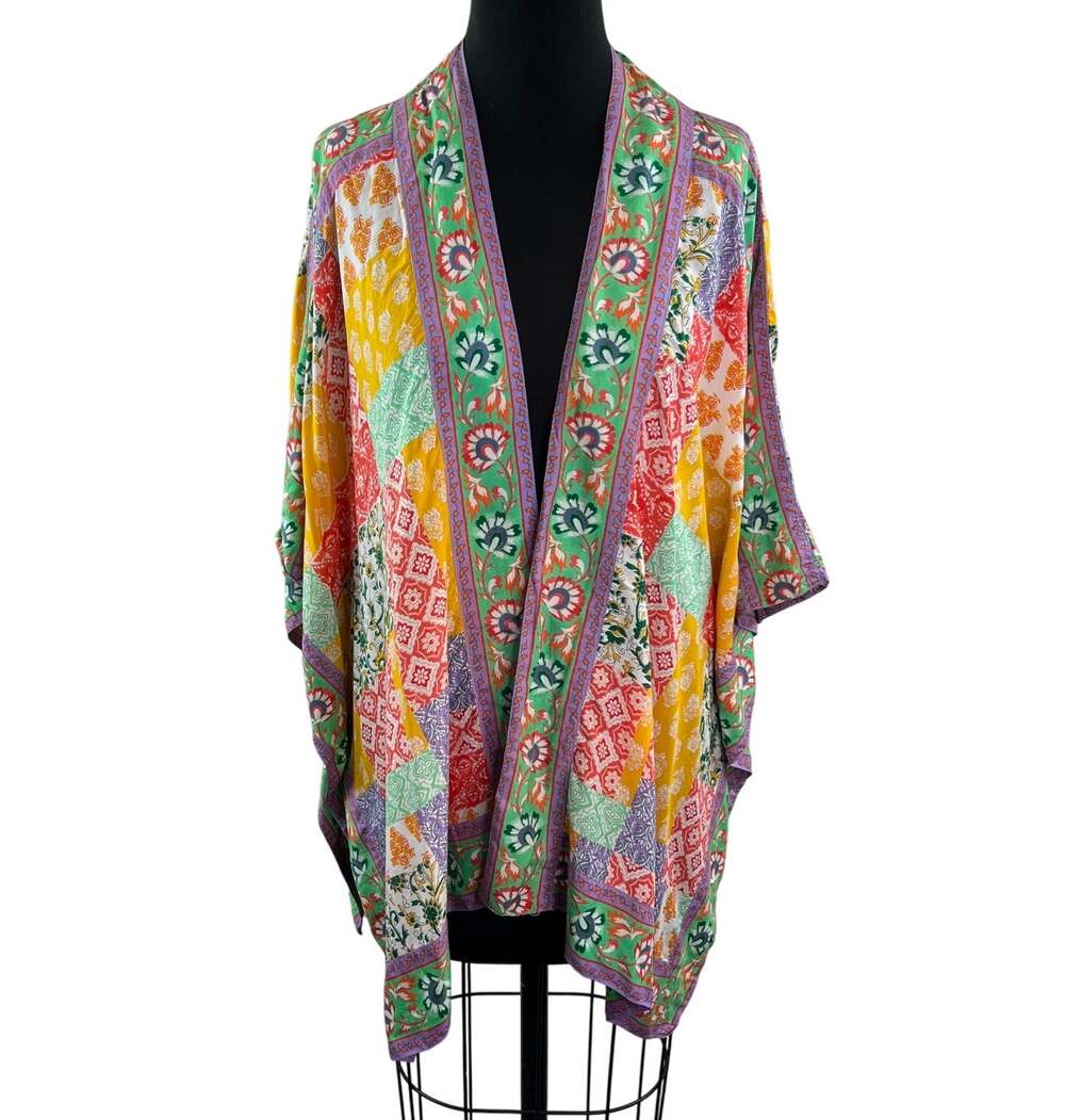TOLANI Collection Raelyn Kimono Patchwork Open Front Colorful Boho Cardigan 1XP - Picture 1 of 10